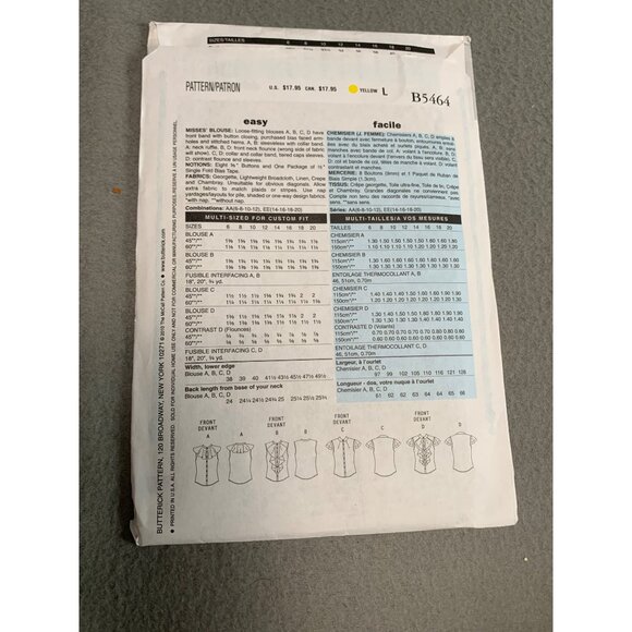 Butterick B5464 Sewing Pattern Womens Blouses Size 6-8-10-12 uncut - Picture 2 of 2